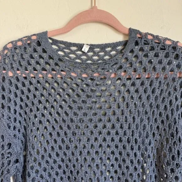 Womens Blue Open Knit Beachy Boho Bell Sleeve Sweater Size L Festival Beach - Picture 4 of 13